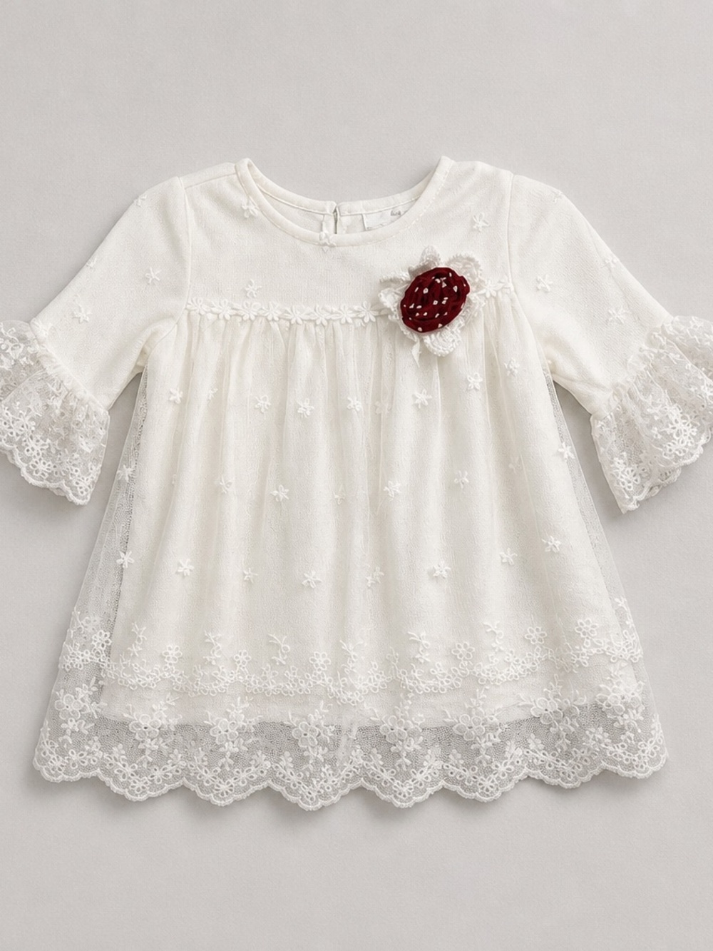 Rare Editions Ivory Lace overlay dress with Red rosette Accent 2T